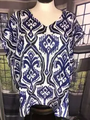Chicos NWT S/M Washed IKAT Poncho Top Blue White Linen Top Small Medium MSRP $99