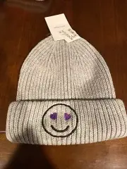Nordstrom Knit Beanie Hat Smiley Face Gray NEW NWT