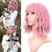 Pastel Wavy Wig with Fringe Short Bob Purple Pink Wig Curly Wavy Shoulder Length
