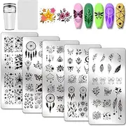 PH PandaHall Nail Stamping Plate Kit with Silicone Nail Stamper, 5pcs Fantasy Feather Dreamcatcher Art Templates Nail Art Stencils Stainless Steel Image Plates with Scraper Tool for Manicures Salon