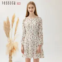 在飛比找momo購物網優惠-【Jessica Red】浪漫清新小碎花修身長袖雪紡洋裝82