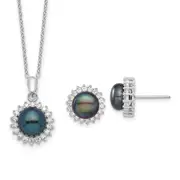 Sterling Silver Rhod-Plated 8-9mm Black Fwc Pearl Cz Earring/Necklace Set