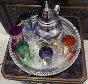 Moroccan X Large TeaPot Handmade Serving 05 Tea Cups Brass Silver Plated African
