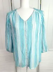 Chico's Blue Striped Blouse Top V-Neck 3/4 Sleeve Button Front Womens Size 1 NWT