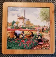 Ceramic Tile Wood Framed Windmill Tulip Art Hanging Wall Decor Trivet Holland