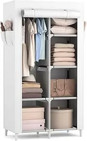 [ROJASOP] Portable Closet Wardrobe Closet for Hanging Clothes with 6 Storage Shelves, 1 Hanging Rod and 4 Pockets, Clothes Organizer and Storage Wardrobe Free Standing Closet for Bedroom, White