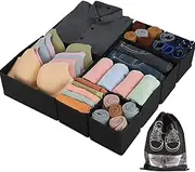 Okam Clothes Drawer Organiser Set of 8 - Underwear/Bra/Sock Organiser with Bonus Shoe Bag - Versatile Organisers for Drawers - Tidy Storage Solution for Bedroom - Foldable Design - Black