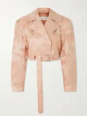[Dries Van Noten] Dries Van Noten - Belted Cropped Floral-jacquard Linen-blend Jacket - Pastel pink - medium medium Pink