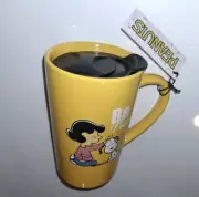 PEANUTS SNOOPY LUCY TRAVEL Cup YELLOW COFFEE Mug With Lid “Be Nice” 18 Oz New