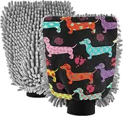 Wash Mitt Car Washing Colorful Dachshund Playful Black Cleaning Scrub Pads Car Detailing Scratch Free Soft Microfiber Absorbent Chenille, Large x 2 Pack