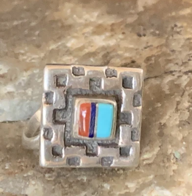Native American Womens Navajo Blue Turquoise Red Coral Inlay Ring Size 5 13130