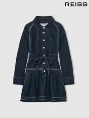 Reiss Blue Leighton 13-14 yrs Chambray Contrast-Stitch Flippy Dress (AL9008) | $150