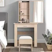 ALFORDSON Dressing Table and Makeup Stool Set Wood Colour, Vanity Desk with Sliding Mirror & Drawers, Dresser Organiser for Women Bedroom Dress Room