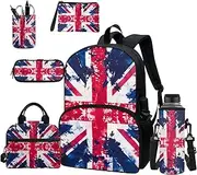 [TOADDMOS] School Bag Set Included School Backpack Lunch Bag Pencil Case Water Bottle Holder Sleeve Coin Purse Pen Holder 6 Piece, Vintage Uk Flag