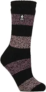 [HEAT HOLDERS] | SockShop | Ladies Winter Warm Thermal Slipper Socks with Gripper | Holly Design | Slip Resistant Grip Sole | TOG 2.34 | Women's UK 4-8 / US 5-9 | Neve Black/Mulberry Stripe