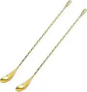 DIFENLUN 12 Inches Mixing Spoon Stainless Steel, 2 Pack Spiral Pattern Bar Spoon for Cocktail Shaker Tall Cups(Gold)
