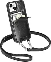 LUCKYCOIN for iPhone 13 Case 6.1 in Women's Leather Wallet Phone Case with Card Holder & Detachable Crossbody Strap,Cell Phone Purse with Strap,Fashion Crossbody Bag Compatible with iPhone 13 Black