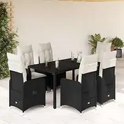 7 Piece Garden Bistro Set with Cushions Black Poly Rattan Patio Bar Sets