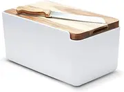 Bliss Gifts & Homewares Hudson Bread Bin with Wooden Cutting Board Lid & Knife I Plastic Bread Storage Container I Countertop, Space-Saving & Durable I Modern Vintage Kitchen Décor (White)