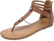 [COLGO] Thong Flat Sandals with Chain, Ankle Strap Zip Closure Flat Sandals, Women's Casual Sandals for Summer Party