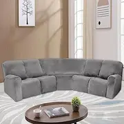 ele ELEOPTION Sectional Recliner Cover Velvet Stretch Recliner Sofa Covers 5 Seat Corner Reclining 7-Piece L Shaped Couch Cover Slipcovers Furniture Protector Soft Washable Grey