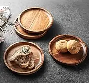 Kitchen Dinner Plate Set of 4, James.F 6.7” Small Round Acacia Wooden Serving Tray and Plates for Coffee, Tea, Snacks, Deserts, Appetizer, Wood Candle Holder Tray Home Decor, Gift for Fathers Day