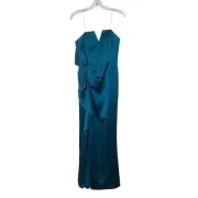 NWT Aidan Mattox Womens Size 6 Teal Cascading Ruffle Strapless Satin Gown NEW