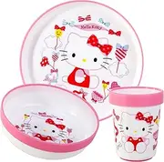 Hello Kitty 3pcs Reusable Bicolor Premium Kids Dinner Tableware Set Plate, Bowl & Tumbler, BPA Free