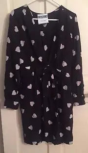 SS15 Moschino Couture X Jeremy Scott Black Silk Heart Print Dress with Front Bow