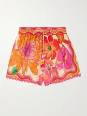 [Farm Rio] Farm Rio - Spring Affair Bead-embellished Floral-print Linen-blend Shorts - Orange - small small Orange