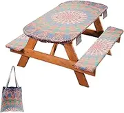 Tablecloth Bench Cover, Waterproof Versatile Picnic Tablecloth Set with Elastic Edge, Picnic Table Cover Set for Outdoor Camping Garden Party(Boedia,72inch (Small Code))