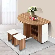Folding Dining Table and 4 Stools Set Wooden Drop Leaf Butterfly Round Table with Wheels Wood Home Furniture Oak