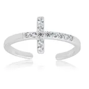 AVORA 925 Sterling Silver Adjustable Sideways Cross Toe Ring with Cubic Zirconia