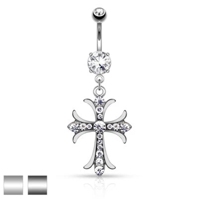 CZ Paved Celtic Cross Dangle Surgical Steel Navel Belly Button Ring