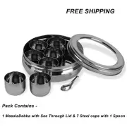 Stainless Steel Belly Shape Spice Box with Lid - 7 Containers + Spoon, Medium