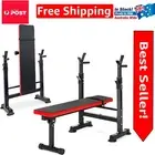Sturdy Adjustable Olympic Bench with Squat Rack and Weight Storage - Black/Red