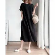 Short-Sleeve Round Neck Plain Midi A-Line Dress Black - XL