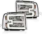 G-PLUS LED DRL headlights, Compatible with 2005 2006 2007 Ford F250 F350 F450 F550 Super Duty bumper Headlamp, Clear lens Chrome Housing Amber Reflector