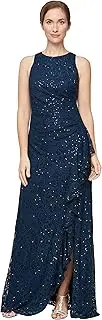 [Alex Evenings] Women's Long Sleeveless Mother of The Bride Dress W/Cascade Ruffle & Front Slit (Petite and Regular Sizes), Navy Sequin, 20 Petite