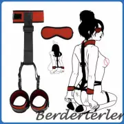 Black Red Nylon Neck Collar Wrist Handcuffs Restraint with Eye Mask for Cosplay