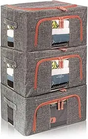 Tasmegol 3 Pack 22L Foldable Clothes Storage Bins Box Stackable Steel Frame Closet Containers Organizer with Clear Windows Linen Fabric Bags for Beddings/Quilt