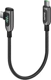 SooPii 100W Right Angle USB C to USB C Cable,1FT Zinc Alloy Braided Type-C Cable with LED Display for lphone 15/lPad Mini/Air/Pro,MacBook Pro,Samsung S23/S22/S10,Pixel,LG(1ft,Black)