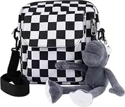 [ReignSword] Mini Crossbody Bags for Women Men, Nylon Messenger Bags with Frog Pendant Decoration, Adjustable shoulder strap (Black and White Grid), Black and White Grid