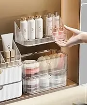 Medicine Cabinet Organizer, Stackable Bathroom Mirror Cabinet Organizers，Makeup Storage with 2 Drawer and 1 Tray for Wall Cabinet, Vanity, Countertop, Clear