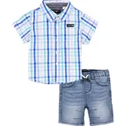 Joe's Check Short Sleeve Button-Up Shirt & Denim Shorts Set in Aqua at Nordstrom, Size 12M