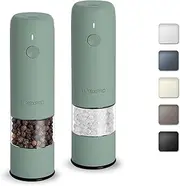 Small Electric Salt and Pepper Grinder Set, USB Rechargeable, Automatic Pepper Mill Grinder with Adjustable Coarseness, Electric Salt Shakers, One Hand Operation for Kitchen (2 Packs, Sage)
