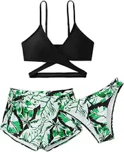 [COOLOYA] Girl's 3 Piece Set Tropical Plants Print Criss Cross Bikini Sets Bathing Suit
