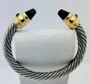 1990s 2 Tone Designer Look Green/Black Crystal Flexible Bangle Bracelet 7”- 8”