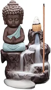 Backflow Incense Burner Holder Little Buddha Waterfall Incense Sticks Holder Handmade Ceramic Incense Burner Home Decor with 10 Backflow Incense Cones (A Light Blue)