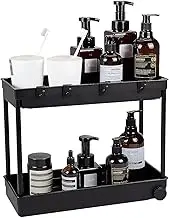 Under Sink Organizer, 2 Tier Bathroom kitchen storage Rack with 4 Hooks,Multi-purpose Under Sink Storage, vanity Countertop Storage Shelf Holder, Black